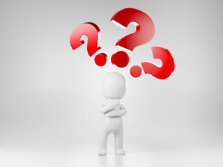 3D illustration. A standing stickman and a question mark on the head