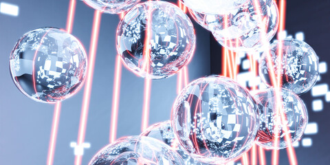 blue and orange neon laser beams with glass spheres balls with reflections 3d render illustration
