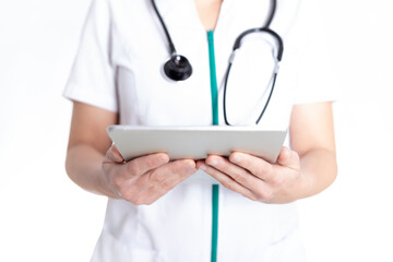 Doctor holding a tablet. white background.