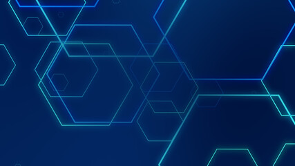 Abstract hexagon geometric blue neon lights technology dark background.