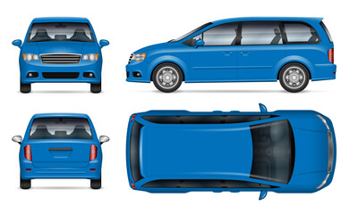Blue minivan vector mockup on white background for vehicle branding, corporate identity. View from side, front, back, top. All elements in the groups on separate layers for easy editing and recolor