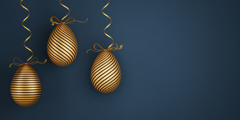 Easter eggs. 3d illustration of eggs in golden color with a pattern on a blue background.