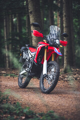 Enduro Motorrad in dusteren Wald	