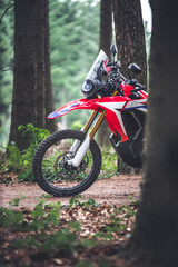 Enduro Motorrad in dusteren Wald	