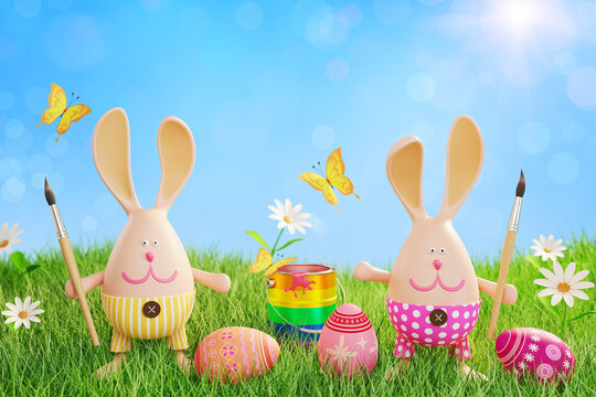 Easter bunnies with brushes and a can of paint in a flower meadow. 3 d illustration.