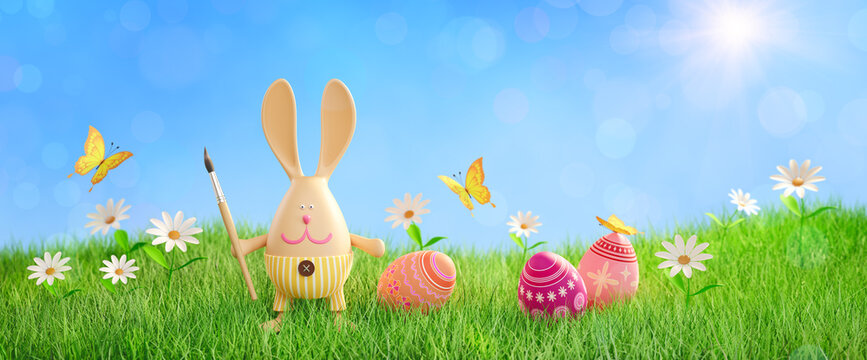Easter bunny with a paintbrush on a sunny lawn. 3 d illustration.