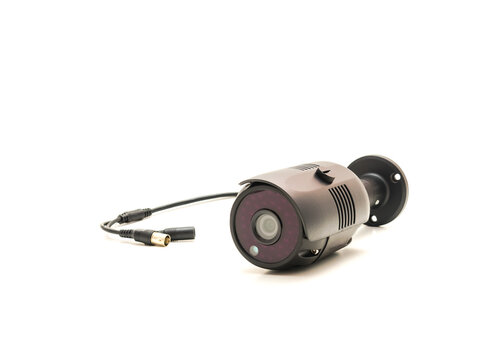 Black aluminum weatherproof security camera surveillance video bullet with infrared night vision lens isolated side view