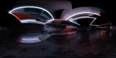 360 degree panorama of dark modern futuristic technology station space ship sci-fi laboratory. 3d render illustration hdr hdri vr virtual reality environment map