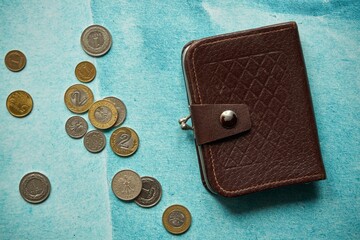 monety i brązowy portfel na papierowym tle,polski złoty	