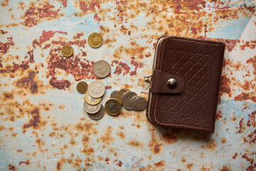monety i brązowy portfel na blazsanym stole,polski złoty	 - obrazy, fototapety, plakaty