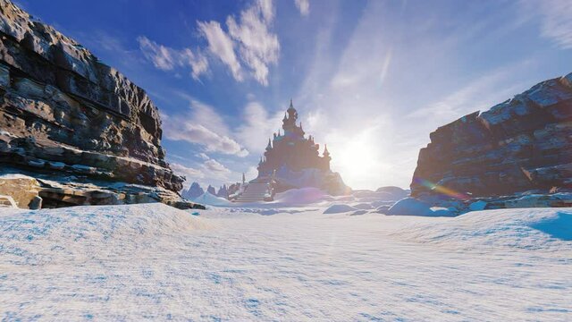 Fairytale castle in the middle of a snowy desert.