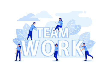 businessmen together build word teamwork, abstract design graphic, construction business project flat vector illustration 