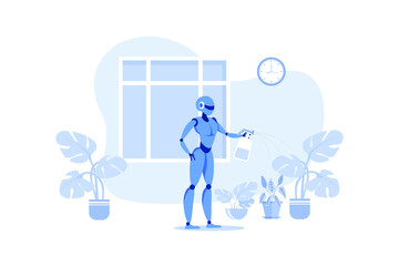 Obraz premium Home Robots Help in Everyday. Robotic Watering, Spraying and Caring for Plants in House. Artificial Intelligence Helps to Keep House. Big Window with View on House.