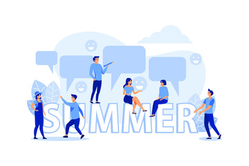 flat Vector illustration of communication through the Internet, social networks, chat, video, news, messages, website, search for friends, mobile web graphics, big word summer