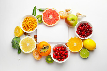 Different healthy products and blank card on white background