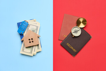 Money with model of house, car key and compass with passports on color background. Concept of balance