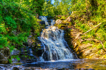 Beautiful landscape with waterfall in northern forest on summer sunny day. Powerful stream of water among stone rocks and green foliage. Yukankoski or White Bridges waterfall in Karelia, Russia