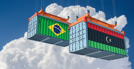 Freight containers with Brazil and Libya national flags. 3D Rendering 