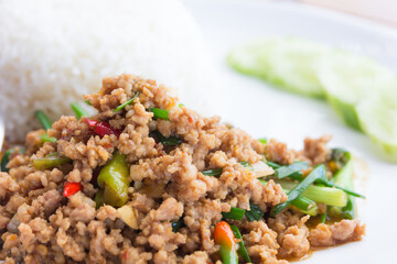 Close up rice with stir-fried pork and basil