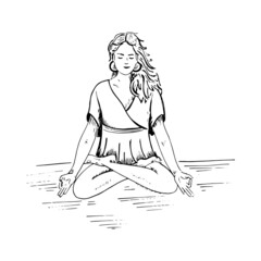 Young woman is meditating. Girl sits in a lotus position and meditates. Hand drawn illustration. Vector in sketch style