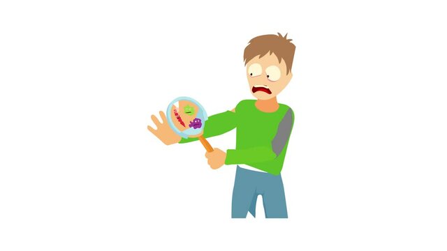 Misophobia concept. Cartoon illustration of a man suffering from the fear of of germs