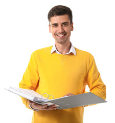Young man with open folder on white background