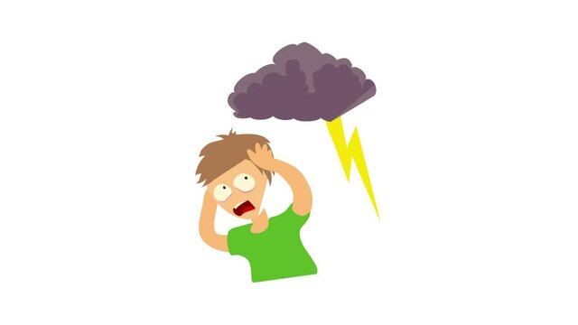 Brontophobia concept. Cartoon illustration of a man suffering from the fear of thunderstorm