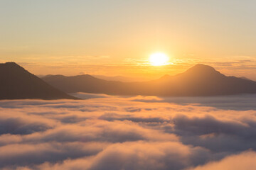 Beautiful sunlight and fog at Phu Thok Mountain at Chiang Khan ,Loei Province in Thailand