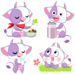 Set of cartoon cows with a milk can isolated on a white background. Happy cow is lying on the grass.