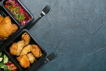 Food delivery containers with different meals and forks on dark background