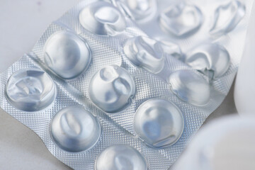 Close up of empty pills of blister pack on table 