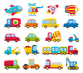 Big set of children's colored transport. Bright planes, helicopters, cars and a train. Construction vehicles on a white background.