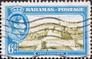 Bahamas - circa 1938: a postage stamp from Bahamas, showing Fort Charlotte and a portrait of King...