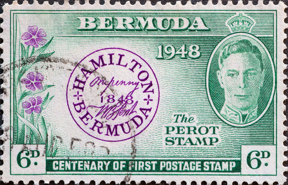 Bermuda - circa 1948: a postage stamp from Bermuda, showing a portrait of King George VI and the Postmaster stamp of 1848