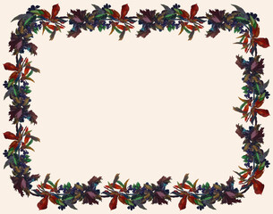 Decorative card with frame from watercolor drawings of autumn branch viburnum with ripe berries