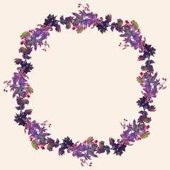 Decorative wreath from watercolor drawings autumn branches hawthorn with ripe berries