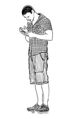 Outline drawing of young city man standing and looking at smartphone outdoors on summer day