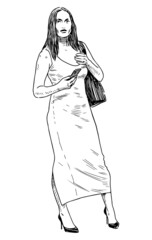 Sketch of young slim city woman with smartphone and handbag standing outdoors on summer day