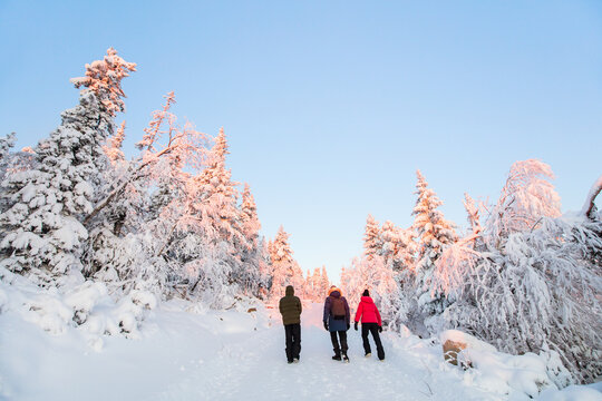 Family in winter forest in Finland