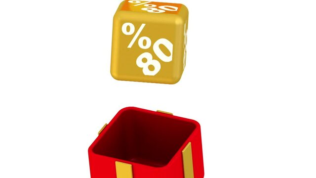 Eighty percentage for free. Closed red gift box with golden ribbon and bow is opening and golden cube with 80 percent bonus flies out. Footage video