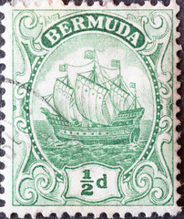 Bermuda - circa 1910 : a postage stamp from Bermuda, showing a historical  Sailing ship 