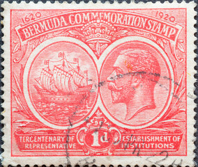 Bermuda - circa 1920: a postage stamp from Bermuda, showing the Seal of the Colony Bermuda and a...
