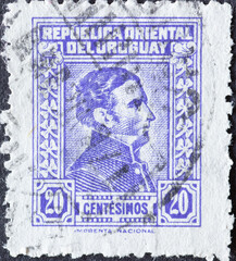 Uruguay - circa 1949 : a postage stamp from Uruguay shows a.Portrait of General Artigas