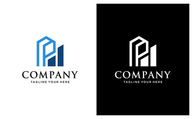letter P and building logo design vector template. on a black and white background.