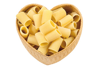 Top view dry pasta penne Italian food in heart shaped bamboo basket isolated white background with clipping path.