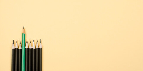 pencils are in a row. one of them is taller than the rest. concept of success