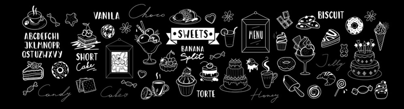 Big set of desserts and sweets food for cafe and restaurant on chalk board for menu design and decoraction, bakery products, handmade font and logo on blackboard.