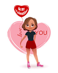 Cute girl with a balloon with the inscription: Be my Valentine. Love you. Concept design for Valentine's Day. Vector illustration