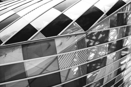 PARIS, FRANCE - JANUARY 29, 2017: Louis Vuitton Foundation art museum and cultural center designed by the architect Frank Gehry. Architectural detail. Black white historic photo
