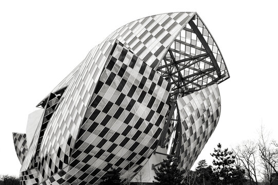 PARIS, FRANCE - JANUARY 29, 2017: Louis Vuitton Foundation art museum and cultural center designed by the architect Frank Gehry. Black white historic photo